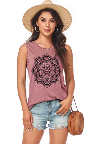 Tops for Women Casual Sleeveless Scoop Neck Flower Graphic Loose Fit Workout Tank Tee Shirts(Pink Flower, S)