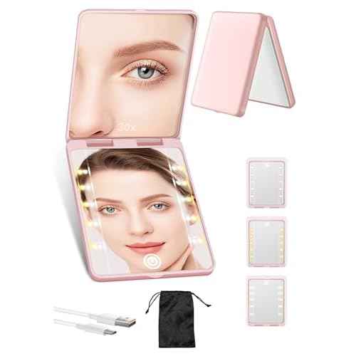 Compact Mirror, Rechargeable 30X Magnifying Mirror with 3 Lighting Modes & Dimmable Brightness, Portable Travel Makeup Mirror with Light, Essentials for Travel, Pocket, Purse, Gifts for Women Pink