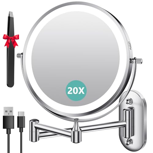 Auxmir 8'' Wall Mounted Lighted Makeup Mirror, 3200mAh Rechargeable Double-Sided 1X/20X Magnifying Mirror with Light, Touch Dimmable 3 Color Light, 360¡Æ Rotation Foldable Extended Arm, Chrome