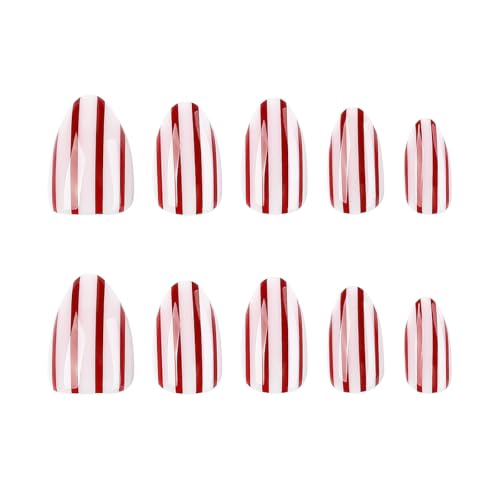 Red Striped Short Almond Press On Nails - 24Pcs Kit