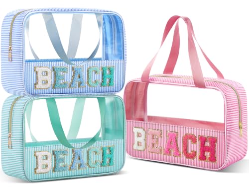 Sanwuta 3-Piece Seersucker Beach Bag Set with Clear Makeup Pouch