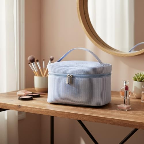 Large Makeup Bag for Women Toiletry Bag, Aesthetic Cute Seersucker Cosmetic Pouch, Teen Gift for Her Mom Girlfriend Wife Teacher Aesthetic Skincare Brushes Storage Organizer(Blue)