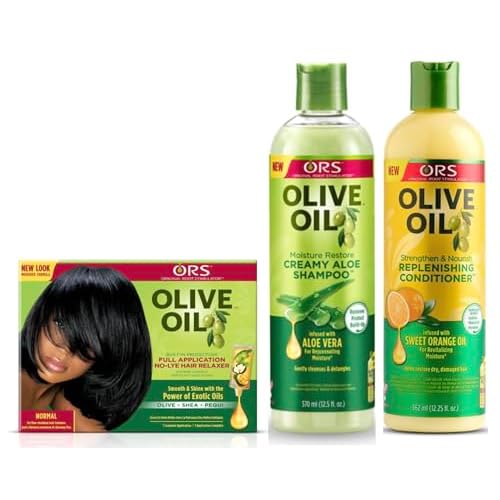 ORS Olive Oil Built-In Protection Full Application No-Lye Hair Relaxer - Normal, Moisture Restore Creamy Aloe Shampoo, Strengthen & Nourish Replenishing Conditioner - Bundle