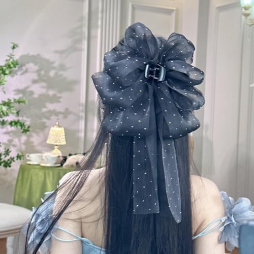 PLwelth Bow Claw Clip Flower Hair Ribbon Claw Black Large Hair Bow Claw for Women Teen Girls Non Slip Hair Accessory for Curly Thin Thick Hair Long Tail Bow Hair Claw for Party Decoration