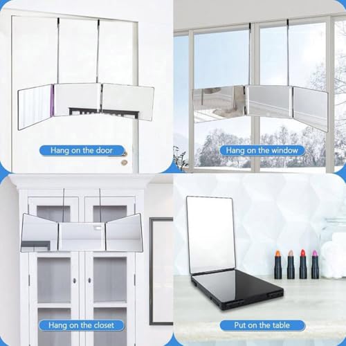 HIEEY 3 Way Mirror for Hair Cutting with LED,360 Trifold with Height Adjustable Telescoping Hooks,and 5X Magnification,for Makeup and Styling (Black)