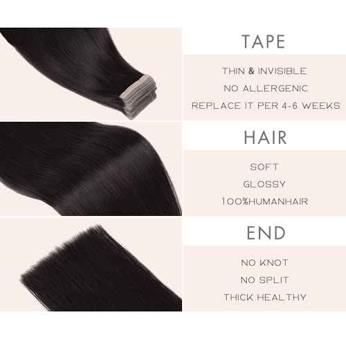 Human Hair Tape in Extensions, Natural Black Hair Extensions Real Human Hair 20 Inch 20pcs Remy Straight Tape ins Invisible Tape in Hair Extensions Human Hair (1B#,20 Inch)