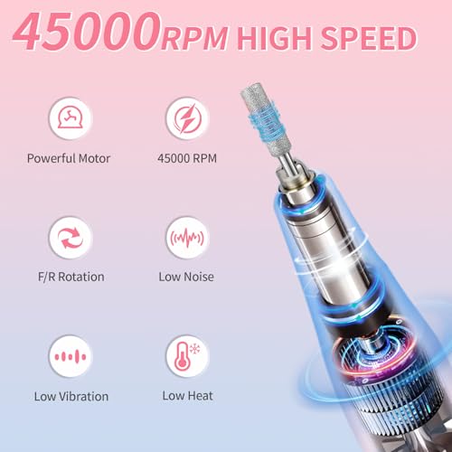 Electric Nail Drill Professional - 45000 RPM Cordless Nail Drill with Rechargeable Stand, Electric Nail File with Nail Lamp, Portable Nails Drills for Acrylic Gel Polishing Removing, Home & Salon Use