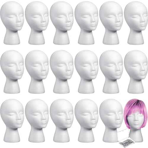 Gisafai 18 Pcs Foam Wig Head with 50 Pcs T Pins Female Foam Mannequin Wig Stand and Holder 11" Tall Cosmetics Model Head Display Hair, Hats Hairpieces Display for Home Travel Salon