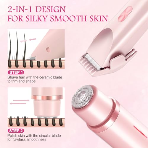 Bikini Trimmer for Women, 2 in 1 Electric Razors for Women, Rechargeable Cordless & Painless Hair Removal, Ultra Low Silent, Easy Cleaning, IPX7 Waterproof Bikini Shaver for Sensitive Skin (Pink)