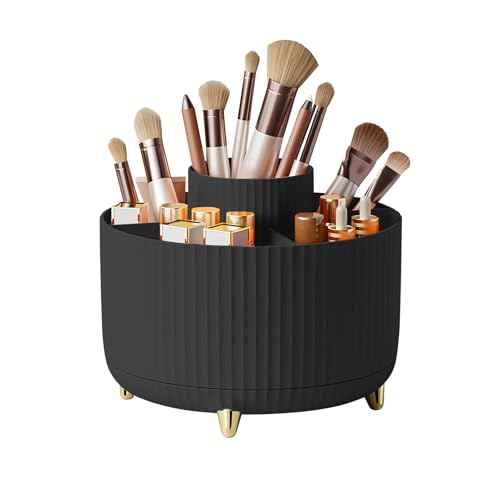 DASITON Large Capacity Makeup Brush Holder,360¡Æ Rotating Makeup Organizer,5 Slot Makeup Brushes Cup,for Vanity Decor,Bathroom Countertops,Desk Storage Container,Cosmetic Display cases(Black)