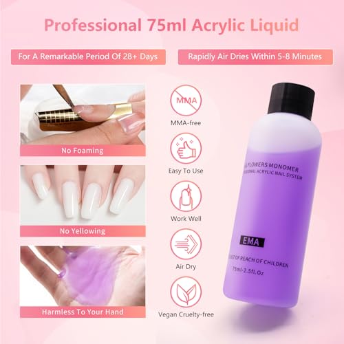 Acrylic Nail Kit for Beginners with Everything - Practice Hand for Acrylic Nails - 6PCS Nail Powder Liquid Set with UV Lamp - Professional Manicure Set in Pink Bag for Starter Home Salon (Pink-1)