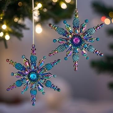 The Bridge Collection Peacock Inspired Snowflake Ornaments, Set of 2 Blue Green and Purple Snowflakes for Peacock Themed Christmas Tree