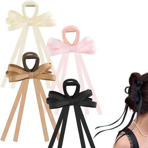 Kasmena 4 Pack Hair Accessories: Big Bow Claw Clips with Long Tassels, Medium Hair Clips with Ribbons, and Bow-knot Clips for Thin or Thick Curly Hair