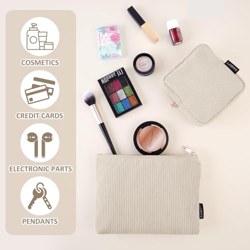 Small Corduroy Makeup Bag with Inner Zipper Pocket, Beige