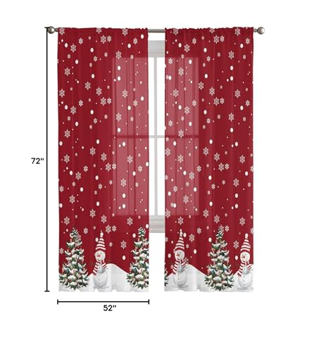 Christmas Sheer Curtains 72 Inches Length 2 Panels Set, Snowman Red Decor Bedroom Curtain Drapes, Xmas Tree Winter Snowflake Semi Curtain Sheers for Living Room/Cafe, Rod Pocket Voile Window Treatment