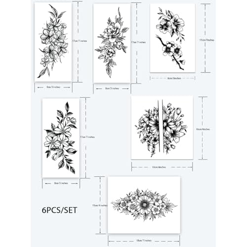INKARTLINK 6 Sheets Temporary Tattoos, Semi-Permanent Tattoo, Fake tattoos, 1-2 Weeks Tattoo, For the Mature and Elegant Women, Flower Tattoos Temporary.