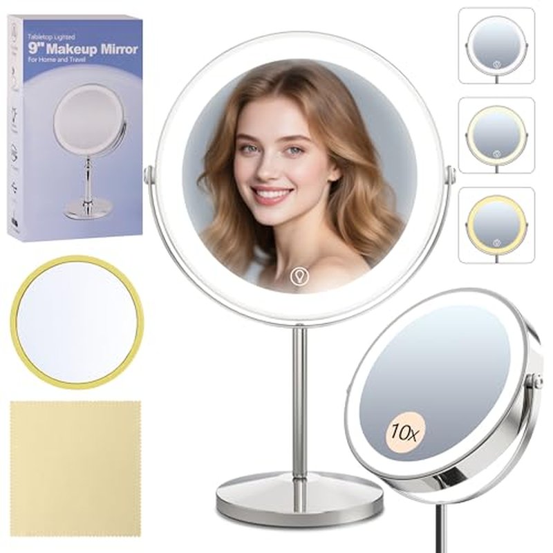 9" Magnifying Mirror with Light 1X/10X, Makeup Mirror with Light includes small mirror, 2000mAh Rechargeable, 360¡Æ Rotation, 3 Color Modes, Double-Sided, Ideal for Eyebrows, Lenses & Skincare