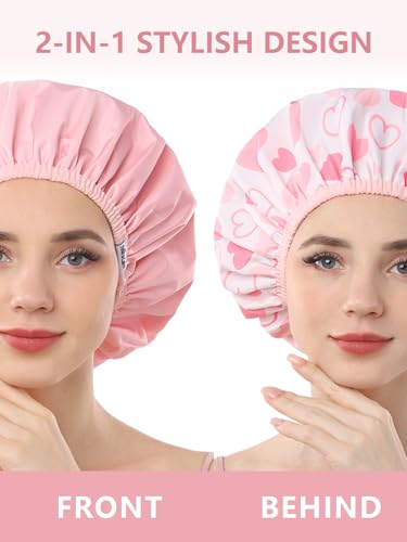 Pink Reusable Waterproof Shower Cap for Women - Double Layer Hair Cover, One Size