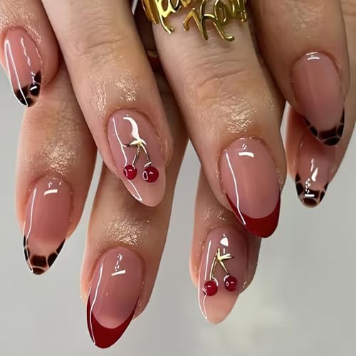 Reusable French Tip Press On Nails with 3D Cherry Design - Medium Almond, Glossy Red, Gold Accents, 24 Pieces