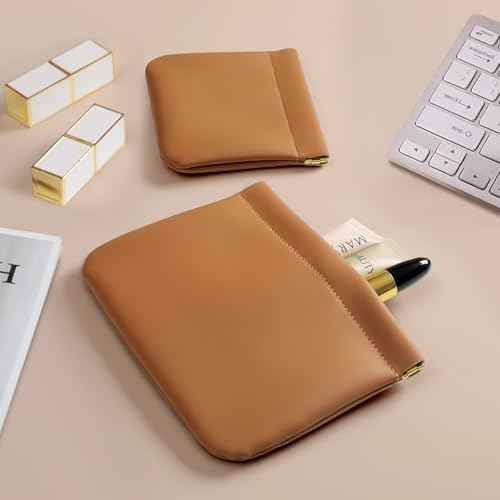 2 Pack Small Makeup Bag for Women, New Organosilicon Super Fiber Leather Mini Cosmetic Bag for Travel, Coin Purse Organizer Storage Pouch (Brown)
