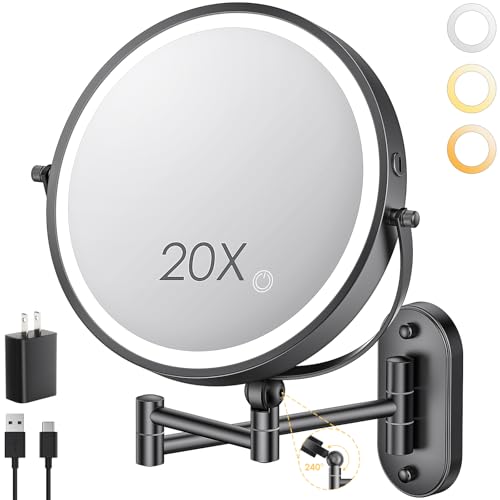 ZLOKLA 9-Inch Black Wall Mounted Lighted Makeup Mirror, 20X Magnification, Rechargeable & Dimmable