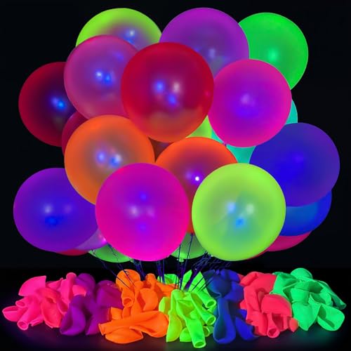 100 UV Neon Balloons - 12 Inch Glow in the Dark Party Supplies