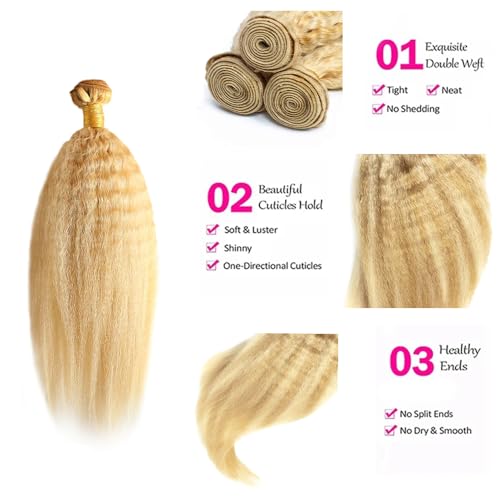 30 32 34 inch P27/613 Human Hair Bundles Blonde Kinky Straight Bundle 2 Tone #27 Mixed With #613 Yaki Straight Bundles