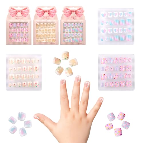 Kawyehu Kids Press on Nails 72Pcs French Donut Heart Short Full Cover False Nails