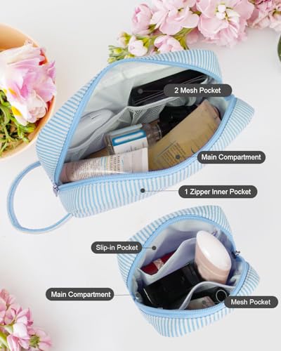 2Pcs Mini Makeup Bag Set with Compartments & Mesh Pockets