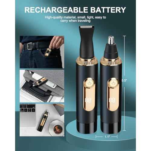 Ear and Nose Hair Trimmer for Men Women with LED Display, 2 in 1 Painless USB Rechargeable Nose Trimmer Clipper Eyebrow & Facial Hair Remover, 13,000 RPM,Dual Edge Blades,Waterproof,Black Gold