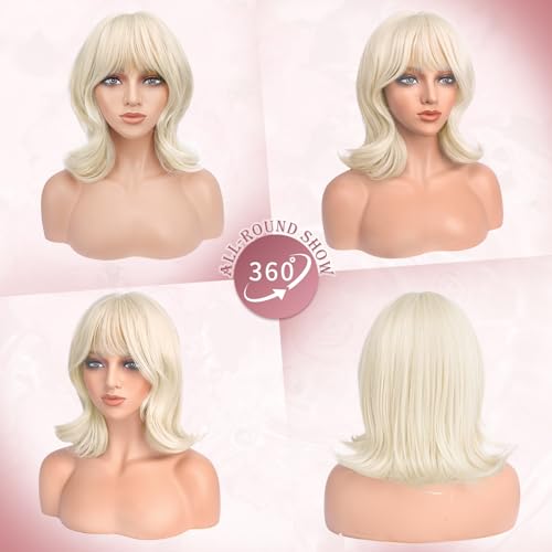 Haloo 14-Inch Blonde Bob Wig with Bangs - Wavy Medium Synthetic Hair