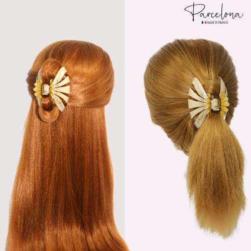 Parcelona French Fleur Medium 3.25" Wide Celluloid Claw Clips Covered Spring Fashion Durable Styling Clips Women Hair Accessories No Slip Grip Hair Clip for Girls, Made in France (Dusty Beige Brown)