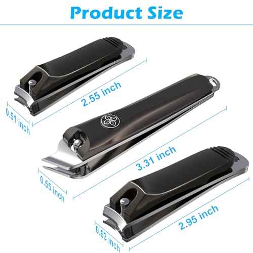 GLAMFIELDS 3pcs Nail Clippers Set, Black Stainless Steel Slanted Edge Nail Clipper & Fingernail & Thick Toenail Trimmer for Men and Women