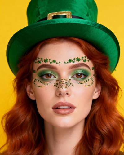 18pc St Patrick's Day Face Tattoos, Green Shamrock Glitter
