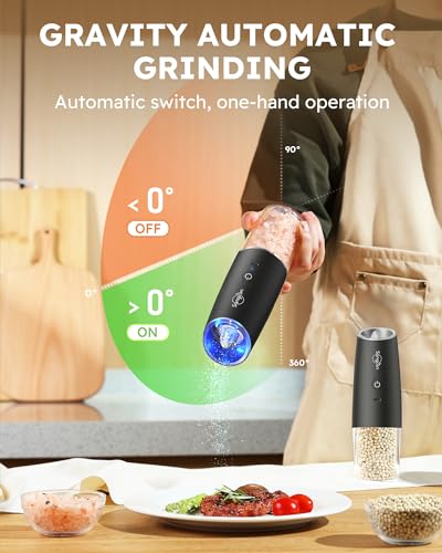 Sangcon Gravity Electric Salt and Pepper Grinder RECHARGEABLE Automatic Salt Pepper Shaker USB-C No Battery Needed - LED Light One Hand Operation, Adjustable Coarseness Pepper Mill 1pc