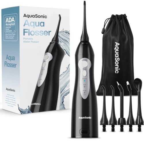 Aquasonic Black Water Flosser with 5 Tips, ADA Accepted, Cordless & Waterproof