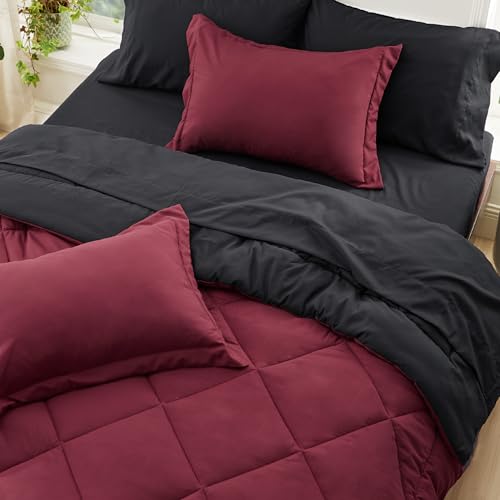 Bedsure Burgundy and Black Twin Comforter Set - 5 Pieces Reversible Twin Bed in a Bag, Twin Bed Set Burgundy and Black with Comforters, Sheets, Pillowcase & Sham