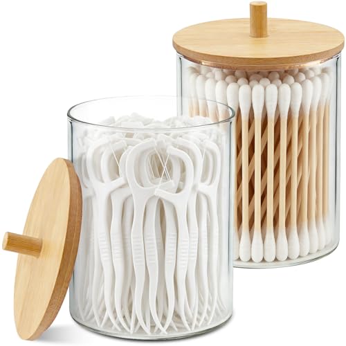 Glass Q-Tip Holder with Bamboo Lid, 10 oz - 2 Pack