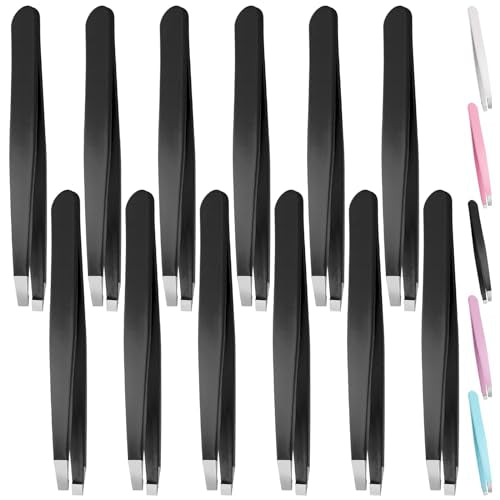 Swpeet 12Pcs 3.79 Inches Black Eyebrow Tweezers Stainless Steel Slant Tip Tweezers Kit, Professional Eyebrow Facial and Hair Remover, Slant Pointed Precision Tweezers Fits for Men and Women