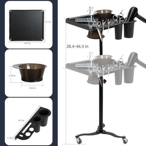 Salon Tray Cart with Storage Platform, 2 Magnetic Bowls Tattoo Tray with Wheels Trolley, Adjustable Height Salon Tray Equipment, Hairstylist Holder and Hair Separator Stand for Salon & Spa Use, Black