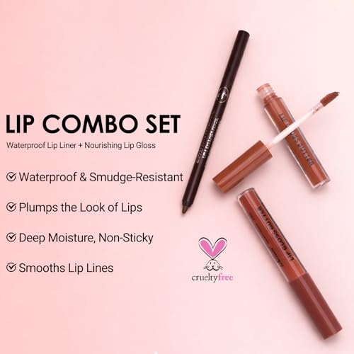 Erinde SET F Lip Liner & Gloss Set - Nourishing Nude & Brown Lip Kit for Women