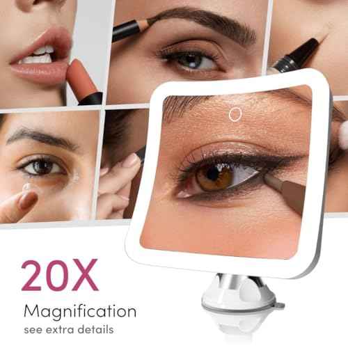 Fancii 20x Magnifying Makeup Mirror with LED Lights, Rechargeable, High Zoom | 7-inch Large Lighted Travel Mirror for Vanity and Bathroom, Dimmable, 3 Light Settings, Strong Suction, 360¡Æ Rotation