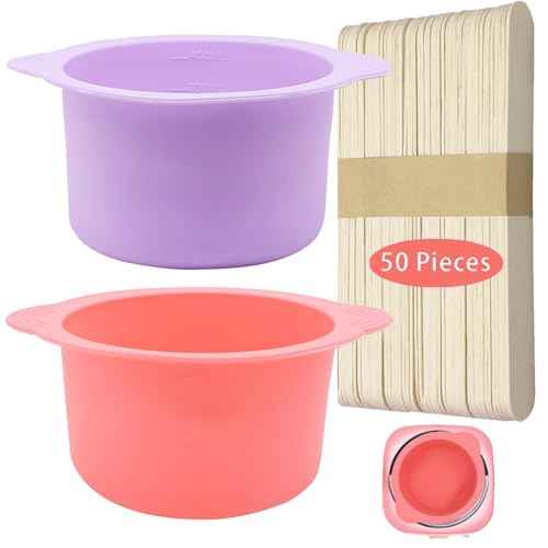 2Pcs 14 oz Silicone Wax Warmer Liner & 50 Pcs Waxing Sticks Body Hair Removal Sticks Applicator Easy to Clean Non-Stick Wax Pot Silicone Bowl Replacement
