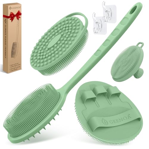 Silicone Back/Body/Face Scrubber & Soft Bath Glove Set 4PCS, Gentle Exfoliating Back & Body Scrubber with Dual-Side Brush Head, Hand-fit Bath Glove & Face Scrubber for Deep Cleaning(Green-4PC)
