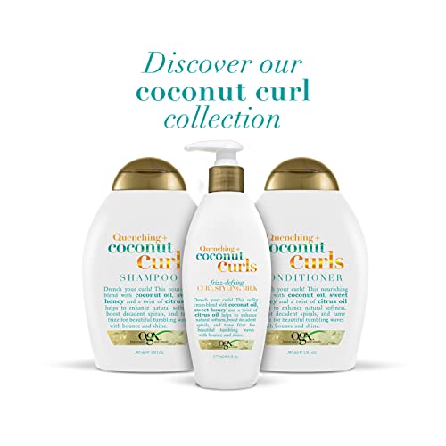 OGX Quenching + Coconut Curls Frizz-Defying Styling Milk, Nourishing Leave-In Hair Treatment with Coconut, Citrus Oil & Honey, Paraben-Free and Sulfated-Surfactants Free, 6 fl oz