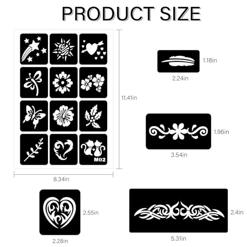 12 Reusable Henna Tattoo Stencils, 142 Designs