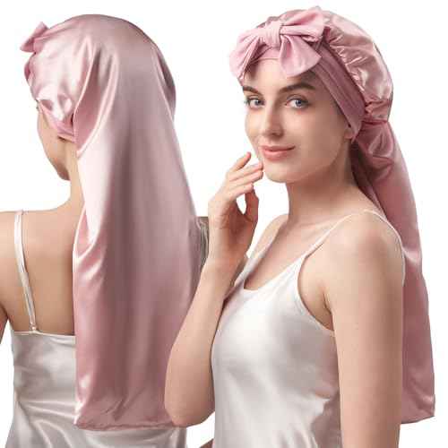 YFONG Double-Layered 100% Pure Mulberry Silk Bonnet for Long Hair, 22 Momme Silk Hair Bonnet for Sleeping with Elastic Tie Band, Real Silk Sleep Cap for Women Long Curly Hair, Pink
