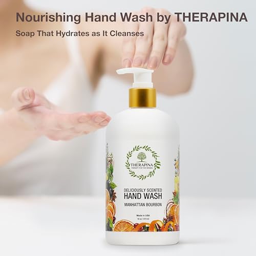 THERAPINA Aromatherapy Luxury Liquid Hand Soap – Vegan, Moisturizing Hand Wash with Aloe Vera, Botanical Oils, Manhattan Bourbon Scent – Fancy Liquid Hand Soap for Bathrooms, Kitchen, More, 16 Oz.