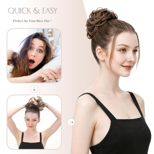 FESHFEN Messy Bun Hair Piece - Wavy Synthetic Chignon for Thick Hair, Brown Mixed Honey Blonde, 1.5 oz, Medium (22H10#)
