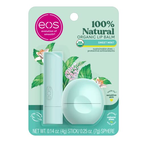 eos 100% Natural & Organic Lip Balm- Sweet Mint, Dermatologist Recommended, All-Day Moisture Lip Care, 0.39 oz, Stick & Sphere (Pack of 2)